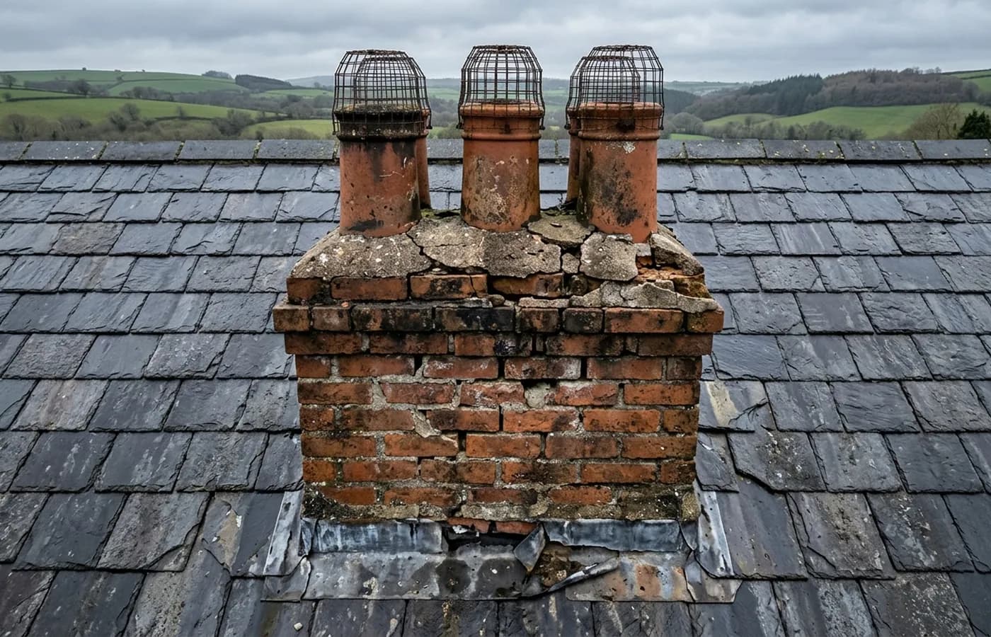 Close aerial view of a brick chimney stack on a Devon slate roof, showing eroded flaunching around three pots, open mortar joints and lead soakers lifting at the slates
