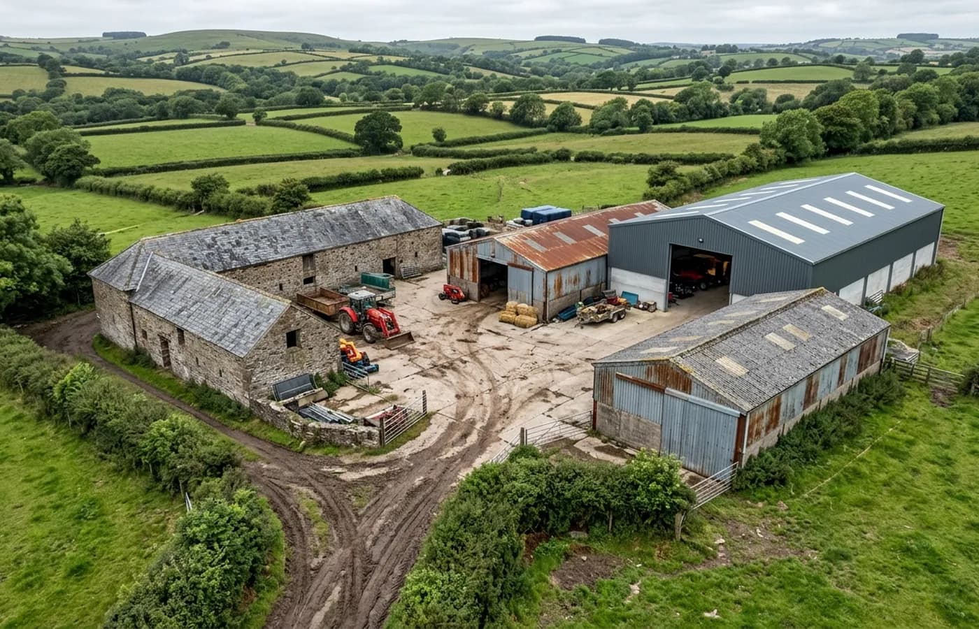 Aerial view of a Devon farm group at forty five degrees: a stone barn under slate, two corrugated sheds and a portal frame building with rooflights around a concrete yard