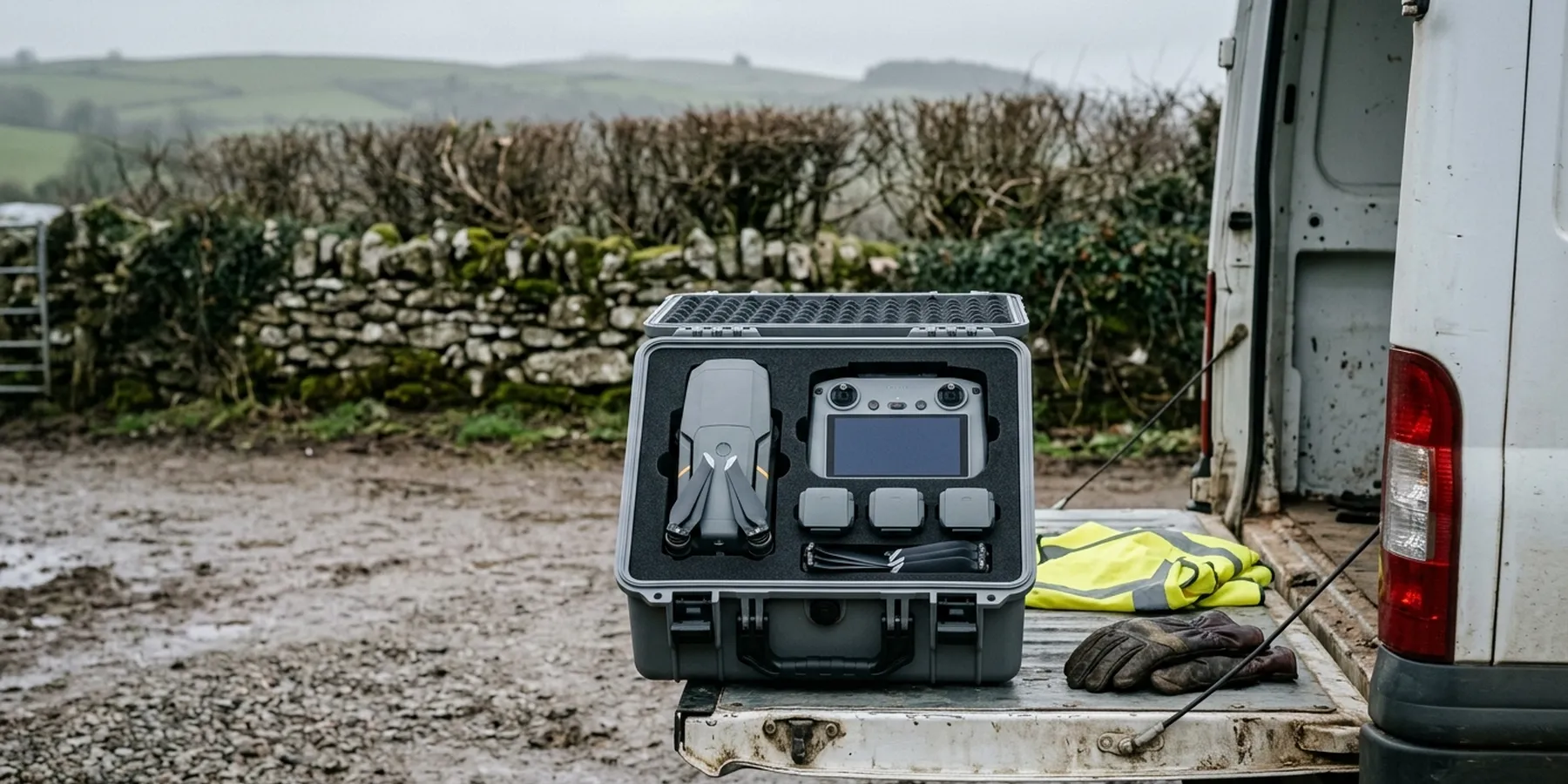 An open drone flight case on the tailgate of a van in a Devon farmyard, holding a folding quadcopter, a controller, spare batteries and propellers, with a folded high visibility vest beside it